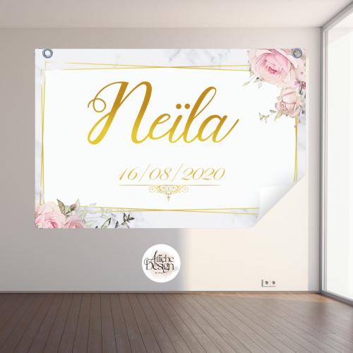 Anniversaire – Cadre or et fleurs sur marbre-Réf.ANN21