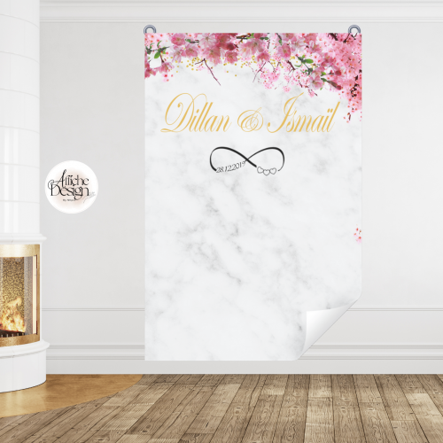 marbre avec fleurs roses foncées- Réf.FI16 Mariage – marbre avec fleurs roses foncées-Réf.FI16