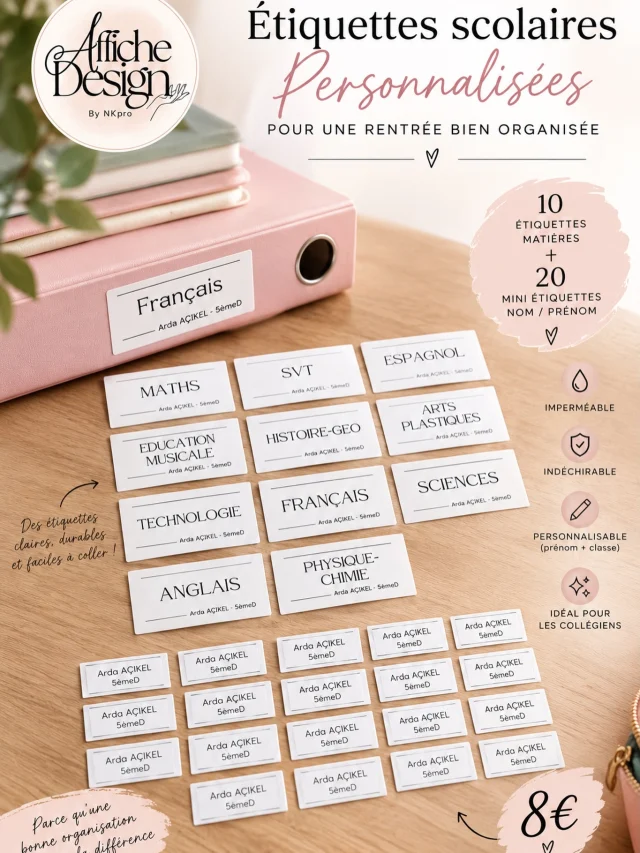 Parce qu’une bonne organisation commence par de petits détails 🤍

Pour les collégiens, un joli kit pensé pour identifier facilement cahiers, classeurs et fournitures :

🏷️ 10 étiquettes pour les matières
✏️ Environ 20 mini étiquettes prénom / nom
💧 Imperméables
✨ Indéchirables
🖊️ Personnalisées avec le prénom et la classe

Un petit coup de pouce pour retrouver facilement chaque cahier et commencer l’année du bon pied 📚🤍

Le kit : 8 €

📩 Personnalisation et commande en message privé.

#etiquettesscolaires #rentreecollege #affichedesign